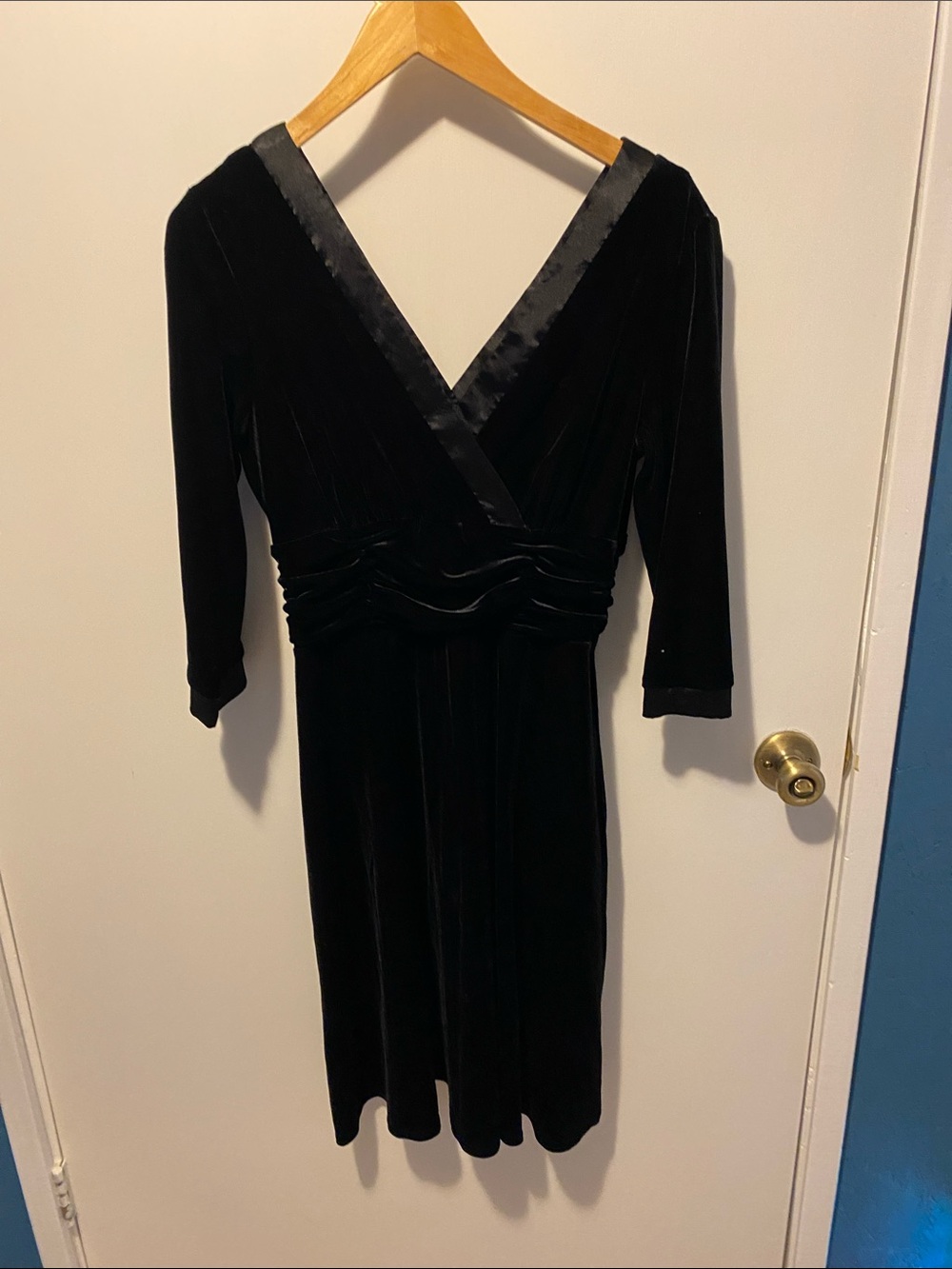 Sandra Darren Black Velvet Faux-Wrap Long Sleeve Dress